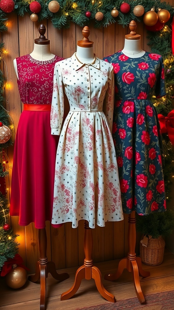 A collection of vintage Christmas outfits including a flapper dress, tea dress, and mod dress displayed with holiday decorations.